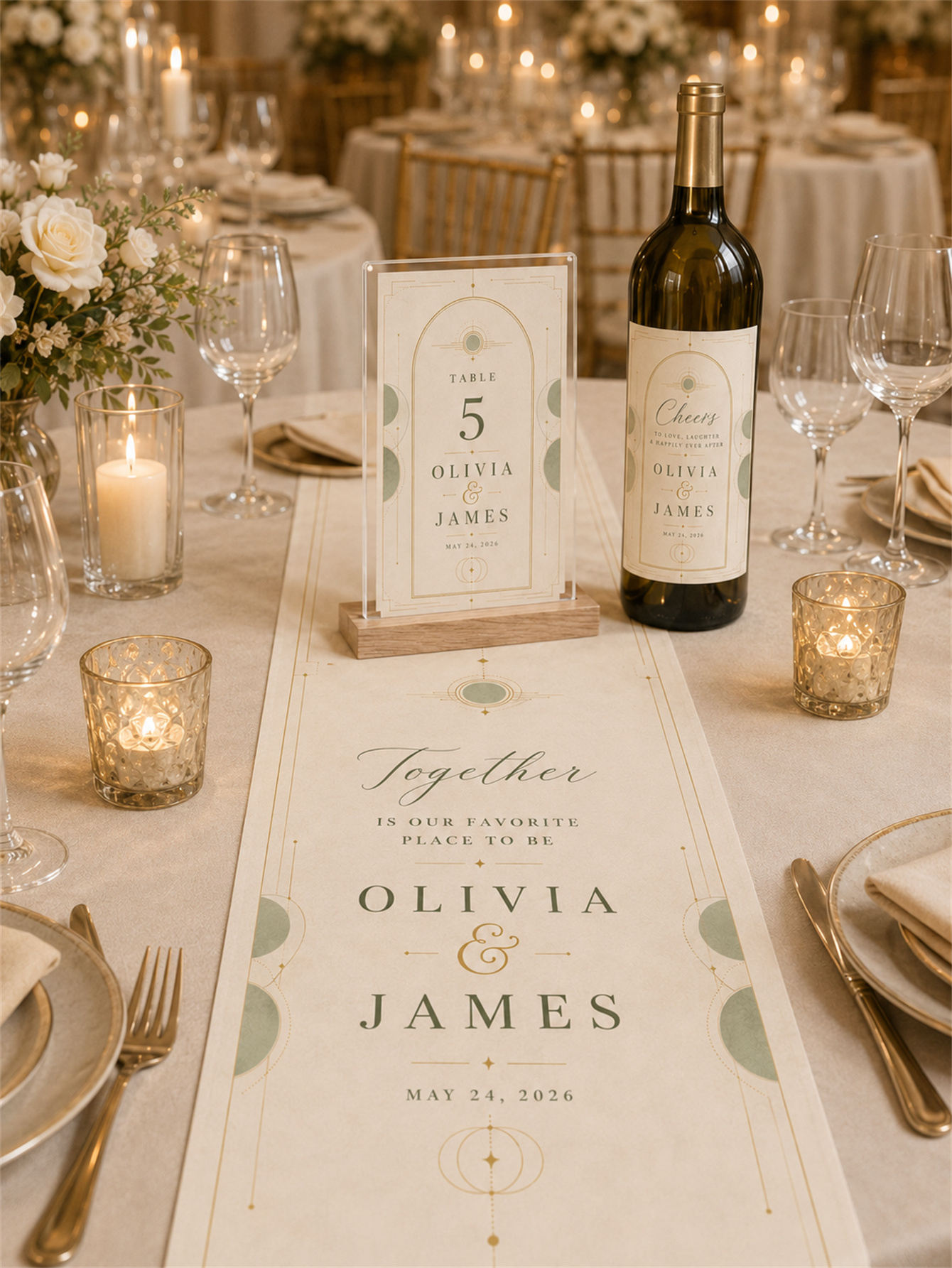 The geometric arch design in sage green and soft gold wedding decorations - a romantic and elegant wedding - customizes names and dates